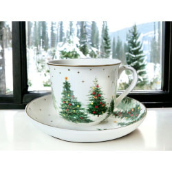 Świąteczne Choinki Filiżanka Porcelanowa ze Spodkiem